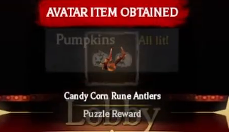 Back in the lobby, Avatar Item Obtained names Candy Corn Rune Antlers and the pumpkin counter reads All Lit.