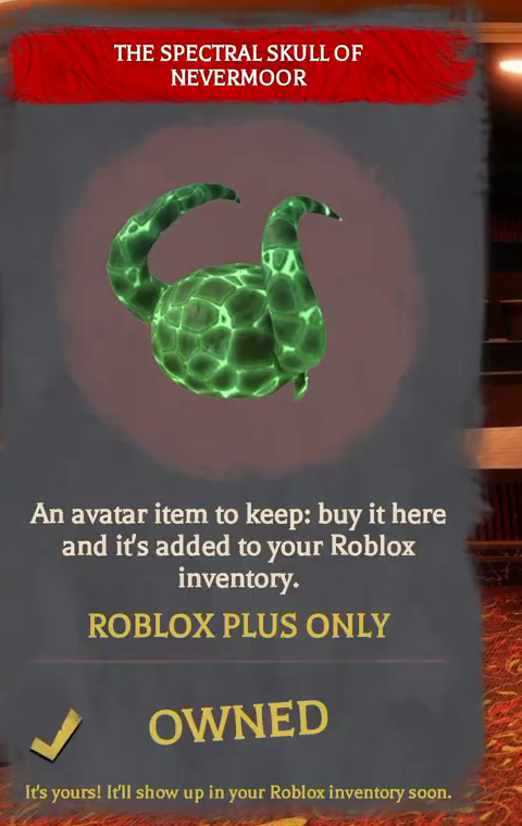 The same creator’s Skull card changes to OWNED after purchase; the message says it will appear in the Roblox inventory soon.