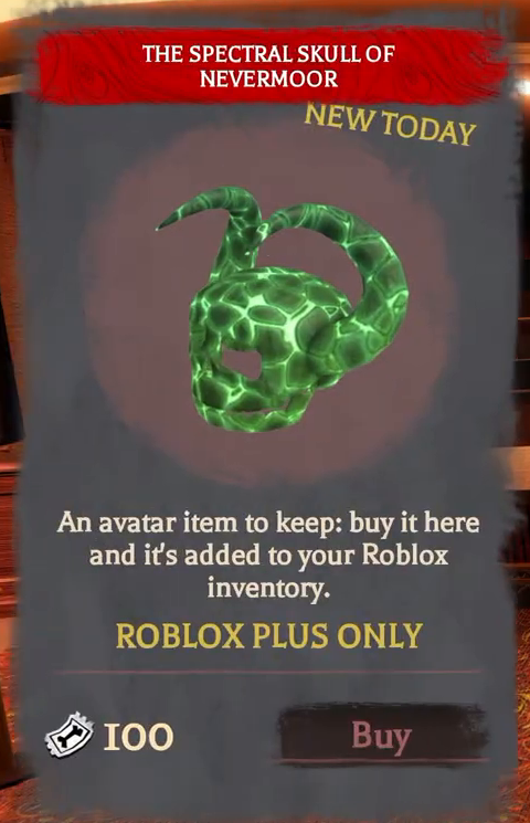 The Spectral Skull of Nevermoor shop card requires Roblox Plus and lists a price of 100 tickets.